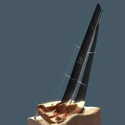 "Three-dimensional sculpture of a wooden racing sailboat model named 'Pogo 3'. Rendered with Blender 3D software and designed in the style of Gilles Beloeil. Inspired by Jozef Israëls and featuring tack sharp focus and detailed lighting."