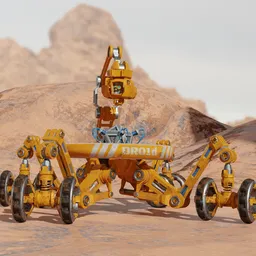 "Robot-rover: A detailed yellow spacecraft robot with landing gear, designed for exploration in desolate desert environments. This 3D model rendered with Unreal Engine 5 showcases orange rocks and a crab-inspired quadruped design, perfect for life simulation games and automated defense platforms. Created by Bholekar Srihari, the robot-rover is ideal for Blender 3D enthusiasts seeking a versatile and visually captivating addition to their projects."