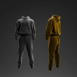 Detailed 3D representation of men's joggers in black and mustard, suitable for branding in Blender.