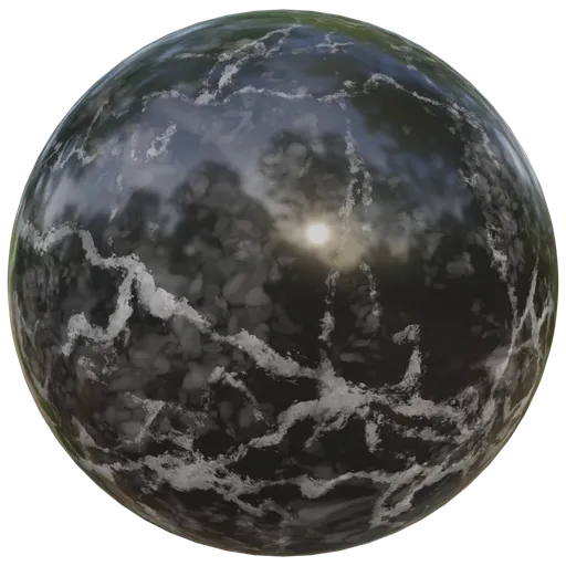 High-resolution PBR black marble texture with intricate white veining for 3D modeling and rendering in Blender.