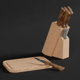 Realistic Blender 3D model render of wooden knife block set and cutting board on dark background.