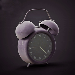 "Highly detailed design of a purple alarm clock with two bells on a black background, inspired by Leon Wyczółkowski, rendered in Blender 3D. Available in 2K and 1K quality."