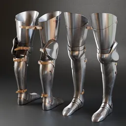 Detailed greaves and sabatons 3D model with realistic metal textures, optimized for Blender, ready for download.