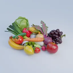 High-quality Blender 3D model featuring assorted realistic vegetables and fruits, reflecting natural colors and textures.