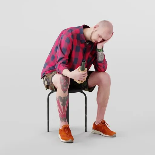 3D Blender model of a tattooed, weary man with bottle in red plaid shirt and khaki shorts.