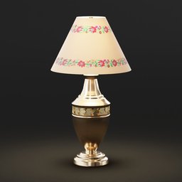 "Table Lamp with Maple Leaf Design, a photorealistic 3D model suitable for Blender 3D software. This lamp features an ornate decorative background with a pink and gold color scheme. The lamp is depicted with a shade, painted metal and glass materials, and a round base, creating a warm and inviting ambiance."