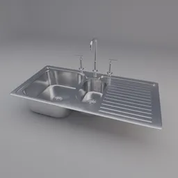 Detailed stainless steel double sink 3D model with faucets, optimized for Blender renderings.