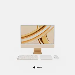 Detailed 3D model of a yellow Apple iMac with accessories, ideal for Blender rendering projects.