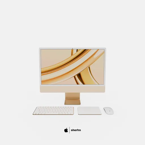 Detailed 3D model of a yellow Apple iMac with accessories, ideal for Blender rendering projects.