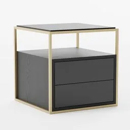 Detailed 3D model rendering of a bedside table with metallic frame and dark drawers, designed for Blender.