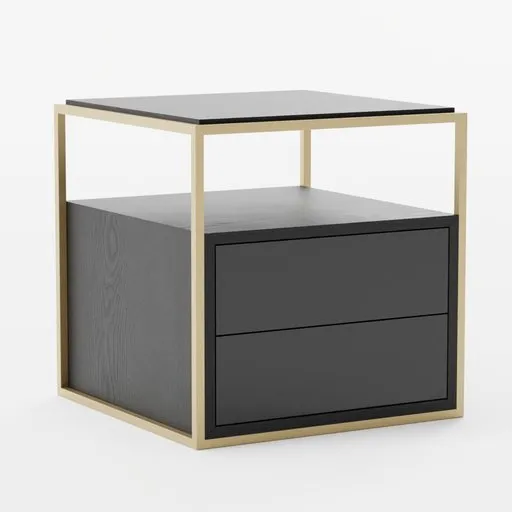 Detailed 3D model rendering of a bedside table with metallic frame and dark drawers, designed for Blender.