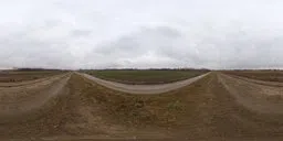 360-degree HDR spherical panorama of a muddy rural road for realistic lighting in 3D scenes.