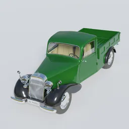 "3D model of a green Mercedes 170 pickup truck with black bed and wheels, created in Blender 3D and inspired by Alfons Walde and Reginald Richard Redford. Includes appropriate door and handle crank positions, and materials based on Chris Plush's Complete Vehicle Production tutorial."