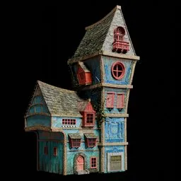 Colorful, whimsical 3D model of a multi-story fantasy building created in Blender.