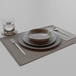 High-quality 3D rendering of elegant tableware set including plates, utensils, and glass on mat.