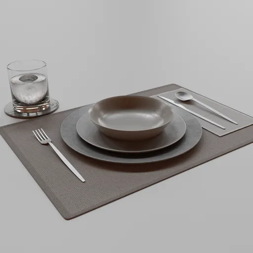 High-quality 3D rendering of elegant tableware set including plates, utensils, and glass on mat.