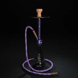 "3D model of a traditional waterpipe, or shisha, for smoking tobacco. The Blender 3D model features realistic rendering of volumetric smoke and a purple checkerboard design, with a physically-based render for added detail. Perfect for architectural rendering projects with an Arabian Nights theme."