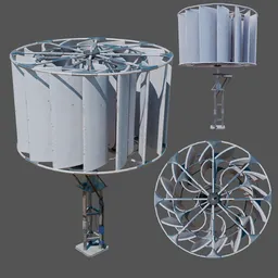 Detailed low-poly 3D wind turbine model with multiple blades, suitable for roof or ground, ideal for Blender rendering and gaming.