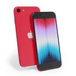 "IPhone SE 2022 3D model for Blender 3D: A red iPhone with a blue screen and red case, featuring enhanced details. Rendered with octane, this synthwave-themed model evokes a 1960s-era aesthetic. Perfect for futuristic design projects or nostalgic visuals. Download now from BlenderKit."