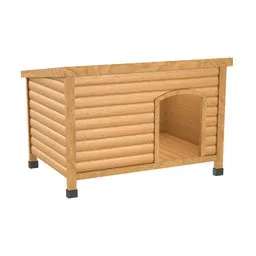 "Wooden Dog House 3D model for Blender 3D - Simple and detailed product photo of a wooden dog house with an open door. Rendered image showing rounded corners, feed troughs, and 1/3 headroom. Perfect for exterior design projects."