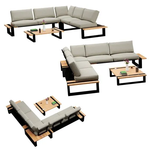 Detailed 3D rendering of outdoor corner sofa and table, optimized for Blender, neutral palette.