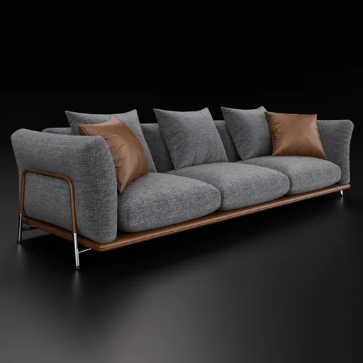 Detailed Blender 3D contemporary grey fabric sofa model with cushions, wooden base, and metal accents.