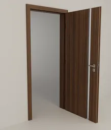 3D-rendered modern wooden door with vertical glass panel, detailed textures, optimized for Blender.