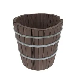 Stylized 3D wooden bucket model with high-resolution texture for Blender rendering, suitable for anime/cartoon projects.