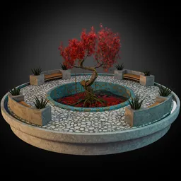 Red bonsai tree with pool and bench