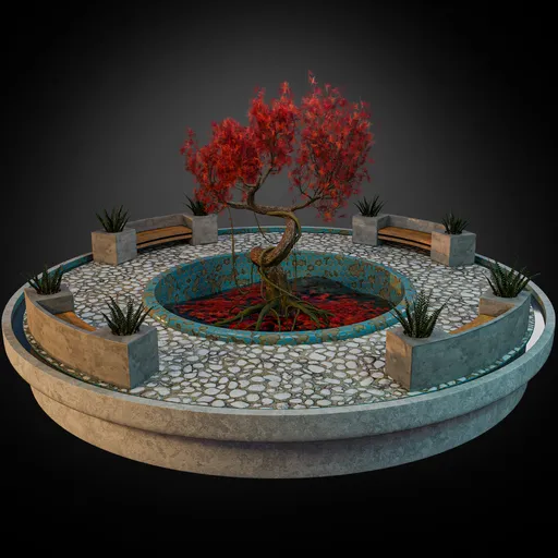 Red bonsai tree with pool and bench