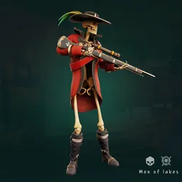"Stylized male character in red coat, holding a rifle, inspired by Harrington Mann and featuring a toon aesthetic. This optimized 3D model is perfect for rigging, games, and Blender 3D users, with a low poly count of only 19k polys. Don't forget to rate and download this high-detailed character, the Man of Lakes!"