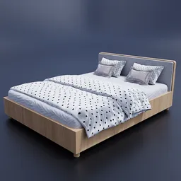 Realistic Blender 3D model of wooden bed with spotty bedspread and two plush pillows.