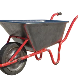 "Modern Wheelbarrow 3D model with red handle and black top, created in Blender 3D by George Claessen and rendered in high detail. Perfect for web 3.0 and source engine projects. Features a hyperdetailed and crisp texture render."