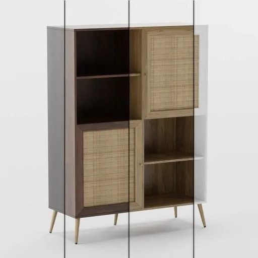Retro Scandinavian-inspired 3D bookshelf with wood and rattan textures, 4 color variations available.