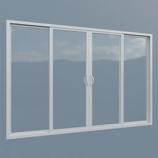 Detailed Blender 3D model of a four-panel vinyl patio door with clear glass, designed for architectural visualization.