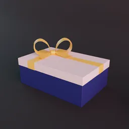 3D model of a blue and white gift box with a golden ribbon, suitable for Blender interior scenes.