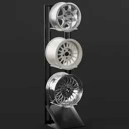 Detailed 3D model of a vertical wheel stand showcasing three alloy rims, compatible with Blender.