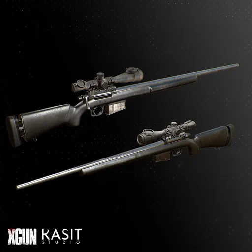 Detailed 3D sniper model with scope showcasing high-resolution textures and PBR materials, compatible with Blender.