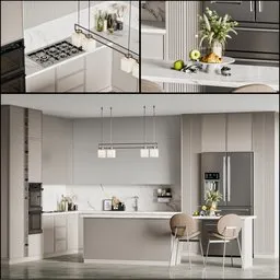 "Minimalist kitchen set with high-detailed appliances, sink, cabinets, and decorations, in shades of white and grey. Modeled in 3D with Blender and rendered in 8k resolution with volumetric lighting and bottom-up Oled aerial spaces."