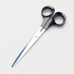"Photorealistic black-handled scissors model for right-handed users on a white surface, created with Blender 3D software. Perfect for stationery and crafting projects, featuring an ergonomic handle design. Explore this award-winning high-resolution 3D model for your Blender 3D toolkit."
