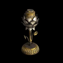 "Get mesmerized by the intricate details of a Chinese lotus lamp 3D model rendered with PBR technology in Blender. Featuring gold vase with flower, leaves trap, heavy-gauge filigree, and standing gracefully upon a lotus, this lamp is perfect for art and interior design projects."
