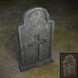 Detailed and textured 3D tombstone model with cross, optimized for Blender, suitable for game environments.