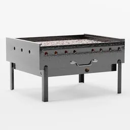 "Portable small barbeque 3D model for Blender 3D - perfect for kitchen set creations. Featuring a barbecue grill with a grill top on a table and realistic smoke effects, this 28mm scale model includes cinder blocks and floating embers for added detail."