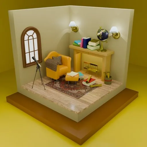 Detailed 3D model of an astronomy-themed room with a telescope, globe, books, and vintage phone.