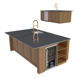 Detailed Blender 3D model of a modern kitchen island with a built-in sink and wine cooler.