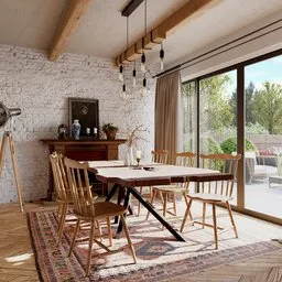 Country-style dining room with French windows overlooking the garden