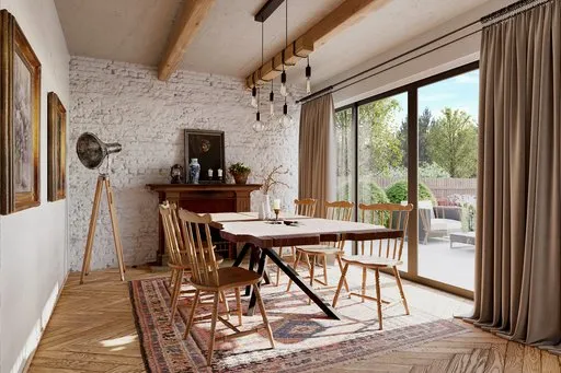 Country-style dining room with French windows overlooking the garden