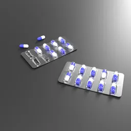 "3D model of a sheet of brandless pills and pill pack on a table, perfect for pharmacy renders in Blender 3D. Monochrome design with micro details and molecule arrays. Rendered with Redshift and toon shading for a unique look."