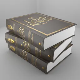 "Lord Of the Ring Leather Book: A stunning 3D model for Blender 3D, featuring three stacked books with a leather binding on a table, reminiscent of the style from the Lord of the Rings. This high-resolution design, created using Vue render, showcases the intricate details of the English text and the gilded lotus princess emblem. Perfect for game development, editorial design, and literature enthusiasts."