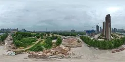 360-degree urban HDR panorama with overcast sky and construction site for realistic lighting in 3D scenes.